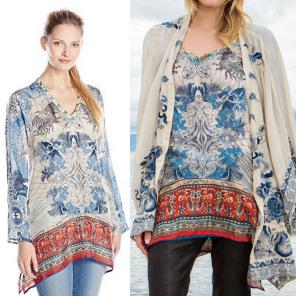Johnny Was Bohemian Art to Wear Currency Print Silk Tunic Top Size Medium - Picture 3 of 17